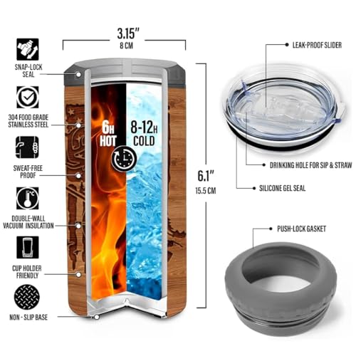 Image of SANDJEST Hunting Tumbler Wood Style American Flag 4 in 1 12oz Tumbler Can Cooler Coozie Skinny Stainless Steel Tumbler Gift for Men Dad Best Friends Hunting Lovers Christmas Birthday Fathers Day