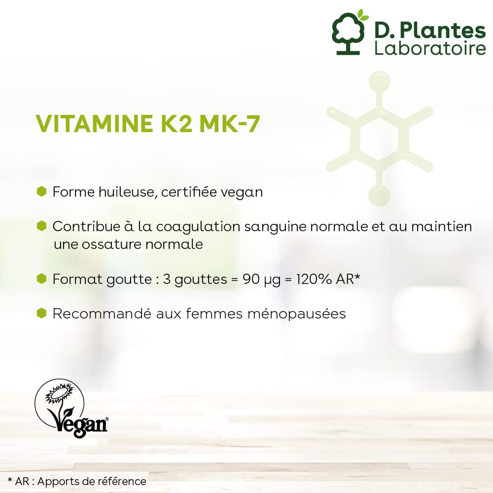 D.PLANTES - Vitamine K2 MK7 - Complément Alimentaire - Ossature Normale, Coagulation Sanguine - Origine Végétale - Certifiée Vegan - 15 ml