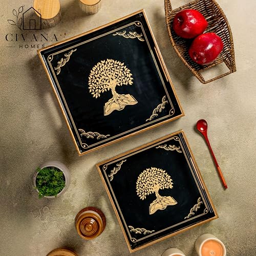 Image of Wooden Serving Tray with Gold Engraving | Set of 2 | Size : 12 x 12 inch & 10 x 10 inch | Enamel Coated Waterproof | Square Trays | Decorative Trays (Tree of Life)