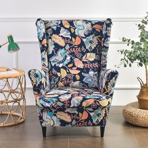 MINGPINHUIUS Wingback Chair Covers - Super Soft Stretch Wing Chair Slipcover Wing Back Chair Cover 2 Piece Set Armchair Covers Furniture Protector for Living Room Bedroom Hotel (Navy Flower)