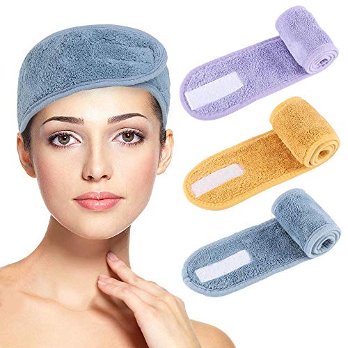 Chennie Spa Makeup Headband Black Adjustable Stretch Towel with Magic Tape Head Band Yoga Sport Hair band Washing Face Shower Hair Wraps Hair Accessories for Women and Girls（Pack of 3）