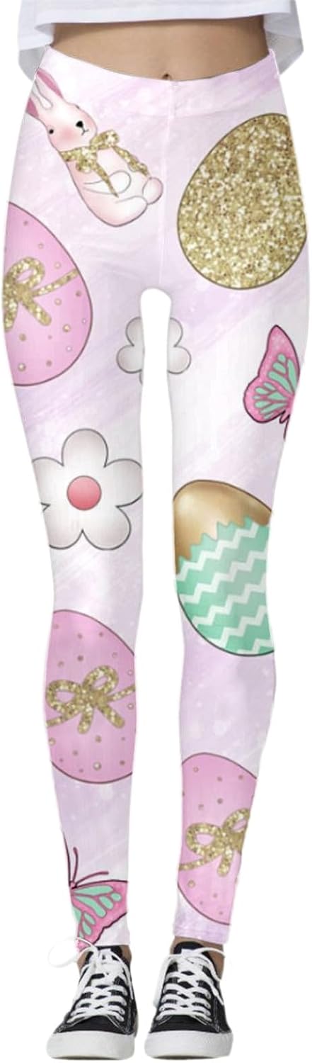 Womens Easter Leggings Easter Day Bunny Print High Waist Tummy Control Yoga Pants Super Stretch Workout Running Tights