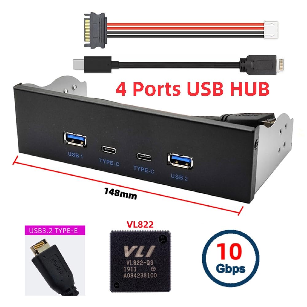 cablecc 4-Port Internal USB 3.1 Gen 2 Front Panel Hub(2X Type-A + 2X Type-C) for 5.25" Bay Connects to Motherboard Type-E Header