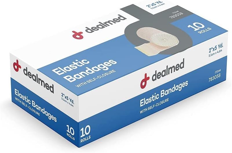 Dealmed 2" Elastic Bandage Wrap with Self-Closure โ 10 Elastic Bandages, 5 Yards Stretched Compression Bandage Wrap, Wound Care Product for First Aid Kit and Medical Facilities
