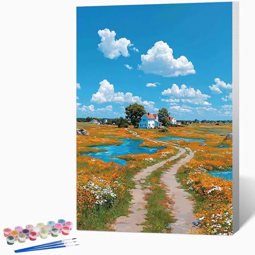 数字油絵 風景 ペイントバイナンバー 田舎, ナンバーペイント大人のDIYセット(ブラシとアクリル絵の具を含む)、クリエイティブな手作りの油絵セット、女性へのデジタル絵画ギフト、壁の装飾 60×80cm -WX2510125