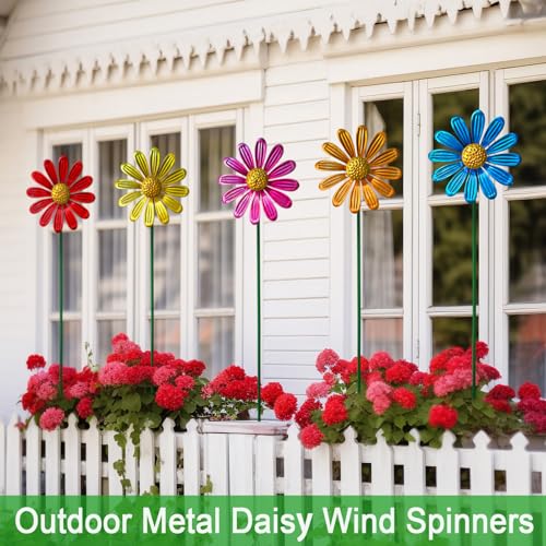 YY Gardenia 5 Pack Metal Daisy Wind Spinners Outdoor,Flowers Garden Stakes,Outdoor Metal Wind Spinners for Yard and Garden