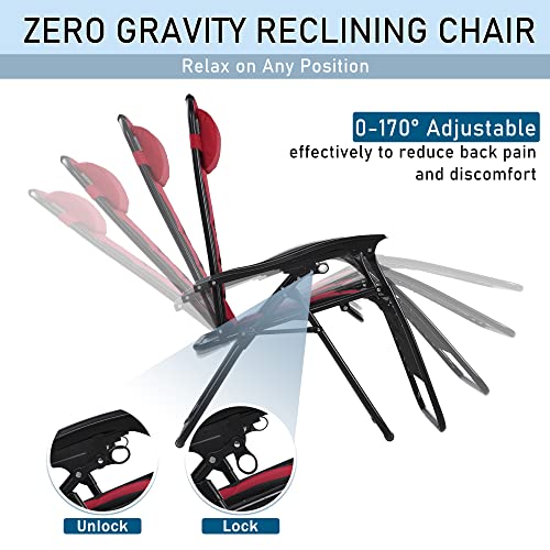 Phi Villa Set Of 2 Padded Zero Gravity Lounge Chair Folding Patio Recliner With Adjustable Headrest & Cup Holder, Support 350 Lbs(Red) #TOP5