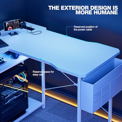 Image of Acrolix L Shaped Gaming Desk 55 Inch - Computer Corner Desk with Power Outlets, Reversible Shelves & Storage Bag for Home Office, PC Gaming Table, White Carbon