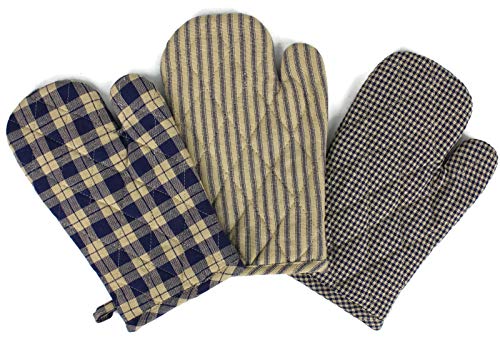 Rustic Covenant Woven Cotton Farmhouse Oven Mitts, Set Of 3, 7 Inches X 10.5 Inches, Navy Blue/Natural Tan #TOP5