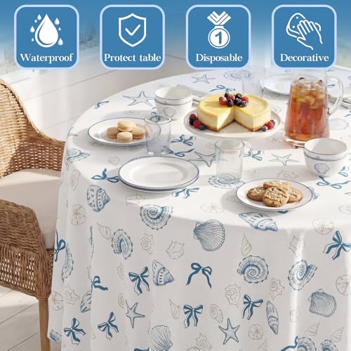 Image of Chumia 2 Pcs Coastal Tablecloth White and Blue Bachelorette Tablecloth Disposable Plastic Waterproof Table Covers Dinner Party Setting Floral Wedding Bridal Home Party(Round Shell)
