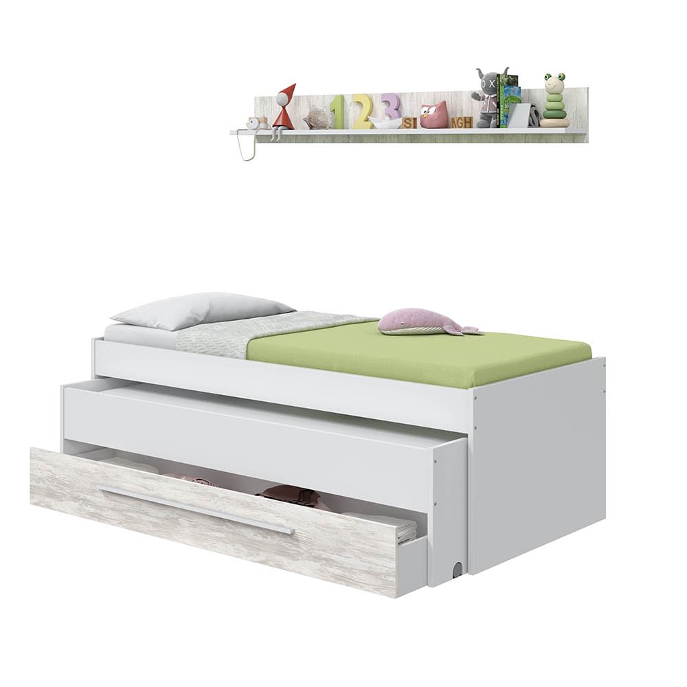Habitdesign Cama Nido Juvenil 2 Camas Cajon Estante Infantil Blanco 199x96x65 cm