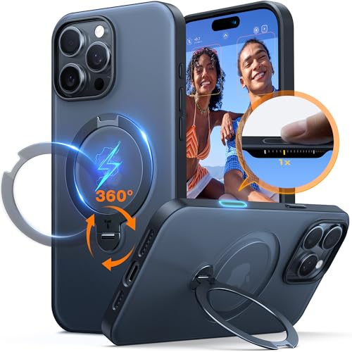 TORRAS Upgraded 360 Spin Magnetic Stand for iPhone 16 Pro Case, Fit for MagSafe, Built-in Kickstand & Ring Holder, Mil-Grade Protective Soft Edge Translucent Case for iPhone 16 Pro, Black 6.3''