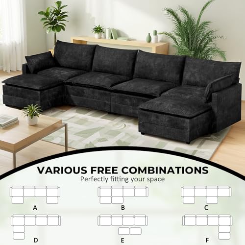 Image of LEVELEVE 147 inch U-Shape Modular Sofa with 2 Ottomans, Deep Seat Cloud Convertible Sleeper, 2 Arm Pillows, Comfortable Large Upholstered Furniture for Living Room Apartment, Black