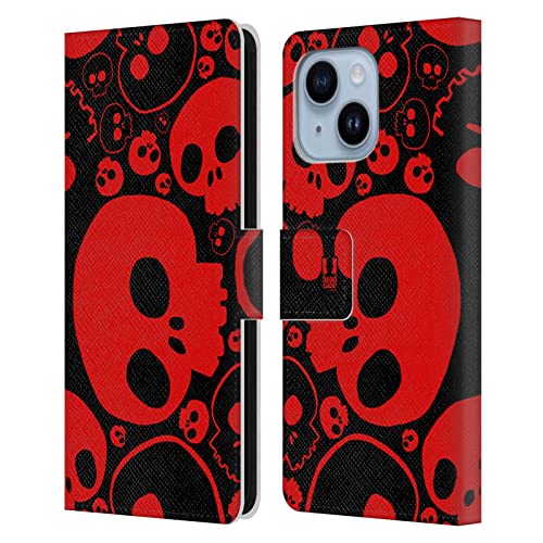 Housse cuir iPhone 14 Plus avec fentes cartes et fermeture magnétique crânes rouges