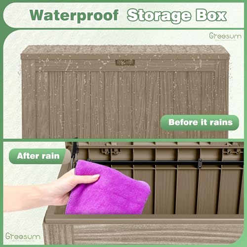 Image of Greesum Outdoor Storage Box 120 Gallon Storage Bin with Lid for Patio Furniture, Garden Tools, Pool Supplies, Lockable, Waterproof and UV Resistant, Coffee