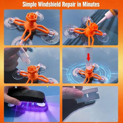 Image of Windshield Chip Repair Kit, 2 PCS Windshield Crack Repair Kit with Suction Cup Curing Light, Car Automotive Nano Fluid Vehicle Windscreen Tool, Glass Repair Kit for Chips and Cracks, Bulls-Eye(Sunset)