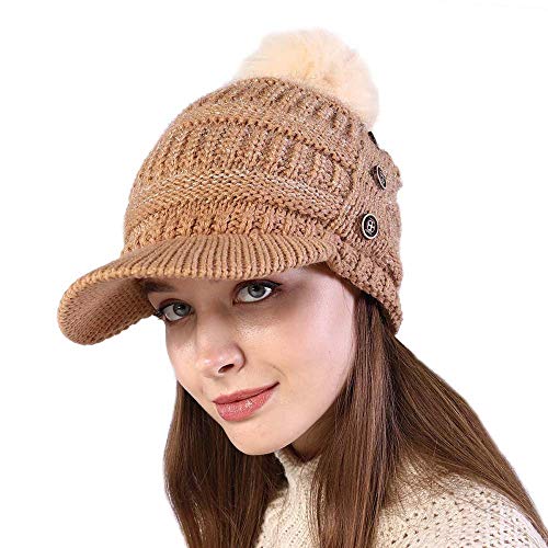 Bonnet d'hiver en tricot pour femme kaki à pompon et visière taille unique