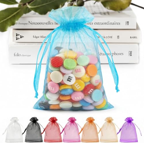 Image of ANZNKU 50 Pack Lake Blue Organza Bags 5x7 Inch, Mesh Bag Drawstring for Jewelry Crafts Party Favors, Small Mesh Gift Bags for Baby Shower, Easter Gifts, Wedding Party