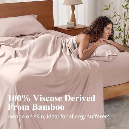 Image of Full Size Sheet Set, Viscose Bamboo Sheets for Bed Set 4pcs, 100% Viscose Derived from Bamboo, Hotel Luxury Silky & Cooling for Hot Sleepers, Deep Pocket Up to 17 inch, Light Pink