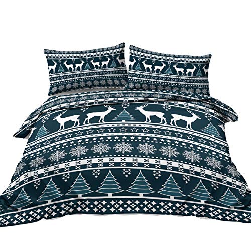 BlessLiving Teal Blue Winter Deer Bedding Set Tribal Aztec Pattern Duvet Cover Girls Boys 3 Piece Christmas Stag Comforter Cover and Pillow Shams Trendy Holiday Bedspread (Twin)