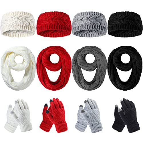 12 Pieces Of Women's Cold Weather Sets, Including 4 Winter Touchscreen Gloves 4 Winter Knit Crochet Turban Headband 4 Thick Ribbed Knit Winter Infinity Circle Loop Scarf For Women Girls, 4 Colors #TOP18
