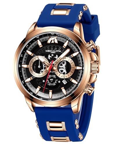 MEGALITH Wrist Watches Chronograph Mens: Blue Stylish Analogue Watch with Large Face - Waterproof Wristwatch Rubber Gift for Gent