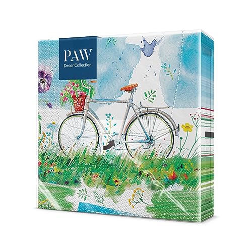 PAW - Servilletas Papel 3 Capas (33 x 33 cm) I 20 Unidades I Servilletas con Diseño de Naturaleza I Servilletas Papel Decoradas para Cumpleaños, Fiesta, Decoupage I Color: Watercolor Bicycle