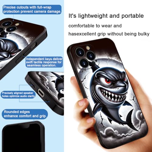 Printed Shark Pattern for iPhone 15 pro max Case, Printed Fierce Red-Eyed Shark Cartoon Silicone Soft Shockproof case,for Girls & Women & boy & Men (B1-Cartoon Shark-Cool)