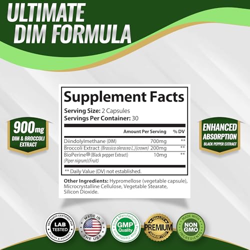 Dim Supplement 910 mg Plus BioPerine Complex - Diindolylmethane to Support Hormone Balance and Estrogen Metabolism, Helps with Menopause Acne PCOS Better Skin Bodybuilding, for Men Women, 60 Capsules - Image 4