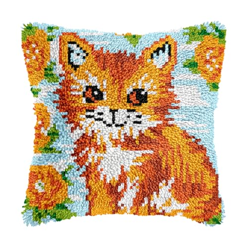 Image of bositigo Cat Latch Hook Pillow Kit for Adults & Kids, DIY Pre-Printed Canvas Craft, 17x17 Inch Decorative Cover for Sofa Cushions, Bedroom Decor (Cat Pattern 41)