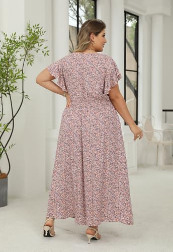 Image of Nemidor Womens Plus Size Boho Ditsy Floral Print Casual Smocked Flared Maxi Long Dress with Pocket