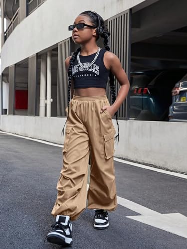 Image of OYOANGLE Girl's Y2K Cargo Pants Elastic Waist Jogger Pants Trousers with Pocket