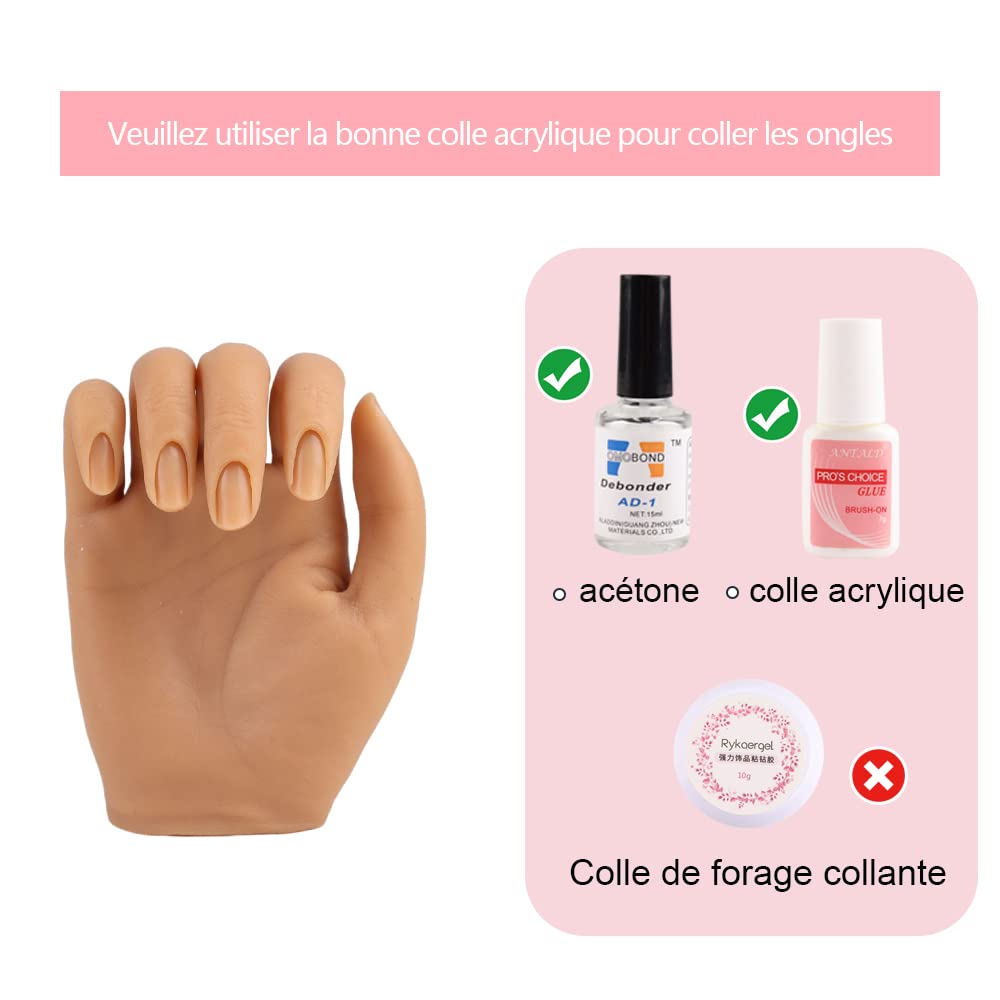 KnowU Main d'entrainement Manucure, Main d'entraînement En Silicone Pour Ongles En Acrylique, Fausse Main, Modèle Féminin Doux Et Pliable, Main d'entraînement Grandeur Nature Avec Support