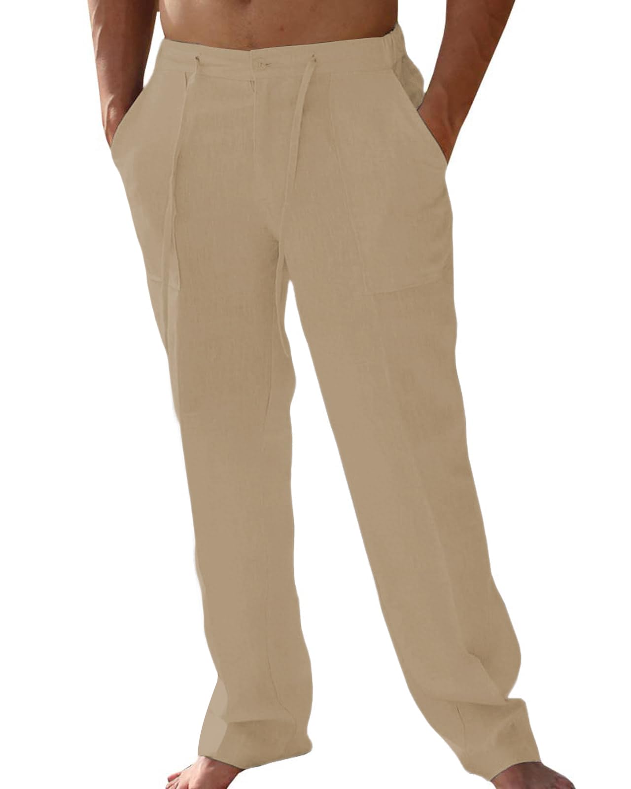Wangdo Mens Linen Pants Casual Beach Yoga Baggy Trousers Summer Lightweight Elastic Drawstring Waist Pants with Pockets