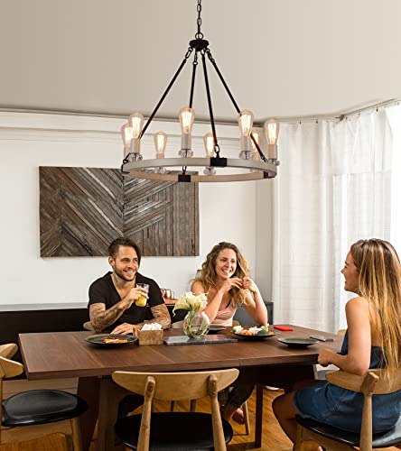 Meixisue Modern Farmhouse Rustic Wagon Wheel Chandelier Metal Round Luxury Industrial Country Chandelier Light Fixture For Kitchen Dining Room Entryway 8-Lights E26 W26.3 Ul Listed #TOP1