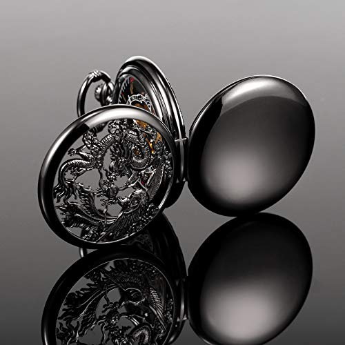 Image of TREEWETO Mens Antique Mechanical Pocket Watch Lucky Dragon & Phoenix Retro Skeleton Dial Double Cover with Chain