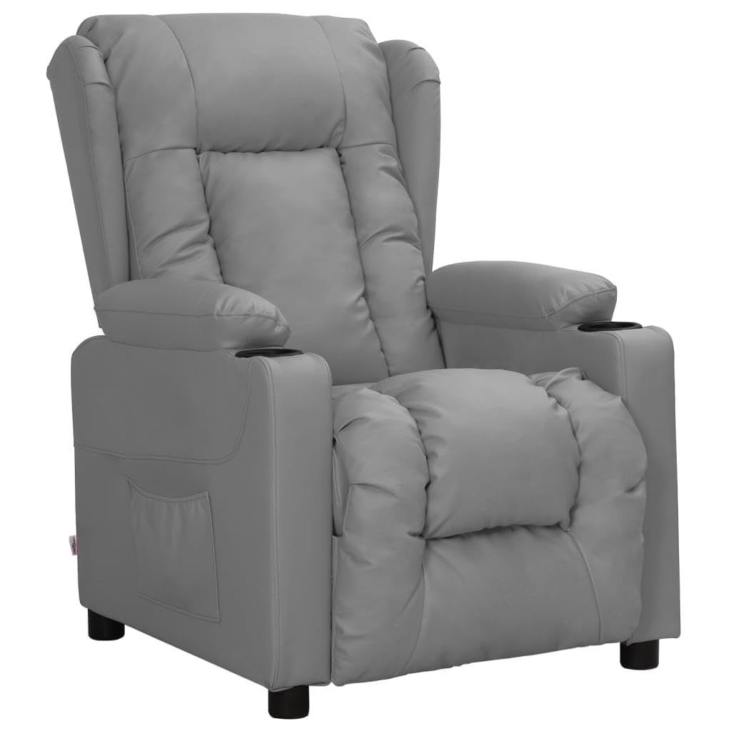 Sillón relax de piel sintética gris con función reclinable | Sillón de TV manual para sala de estar con 3 posiciones ajustables y portavasos integrados para noches de cine en casa.