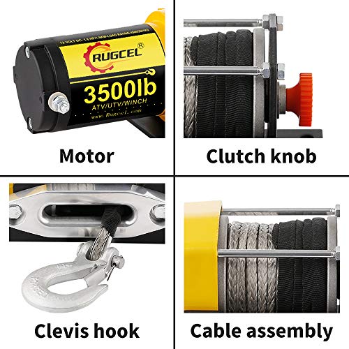 RUGCEL WINCH 12V Electric Winch 3500lb Load Capacity Waterproof ATV/UTV Winch Kit with Synthetic Rope, 1 Hawse Fairlead, 2 Wireless Remote Controllers