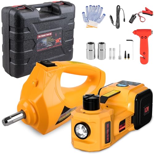 Electric Car Jack 5 Ton 12V Digital Display Electric Jack for Car with E-Impact Wrench Tire Inflator Pump and LED Light (Lifting Range: 6.1-17.7 Inch) for Sedan SUV Truck Tire Change Replacement