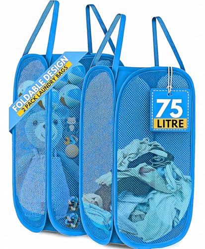 Image of F8WARES 2PK 75 Litres Nylon Mesh Foldable Laundry Basket for Clothes - Odourless Breathable Laundry Bag for Clothes with Carry Handles - Kids Toy Baskets For Storage & Dirty Cloth Basket Hamper Sky