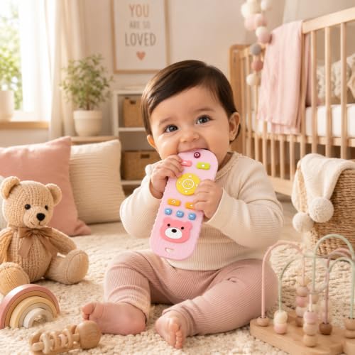 Image of CHICAGOZONE Premium Baby Silicone Teether Ring Toy - BPA Free Soft Teething Toy for Infants, Multi-Texture Sensory Chew Toy, Easy Grip Teether for Babies 3-12 Months, Cute Animal Design (Multicolor) (LIGHT PINK PANDA REMOTE MINI)