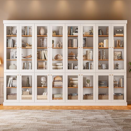 Image of Vyre 70.8 inch Bookshelf with Glass Doors, Farmhouse Modular Bookcase with 6-Tier Adjustable Shelves, Large Storage Cabinet for Living Room & Home Office, Set of 4, White
