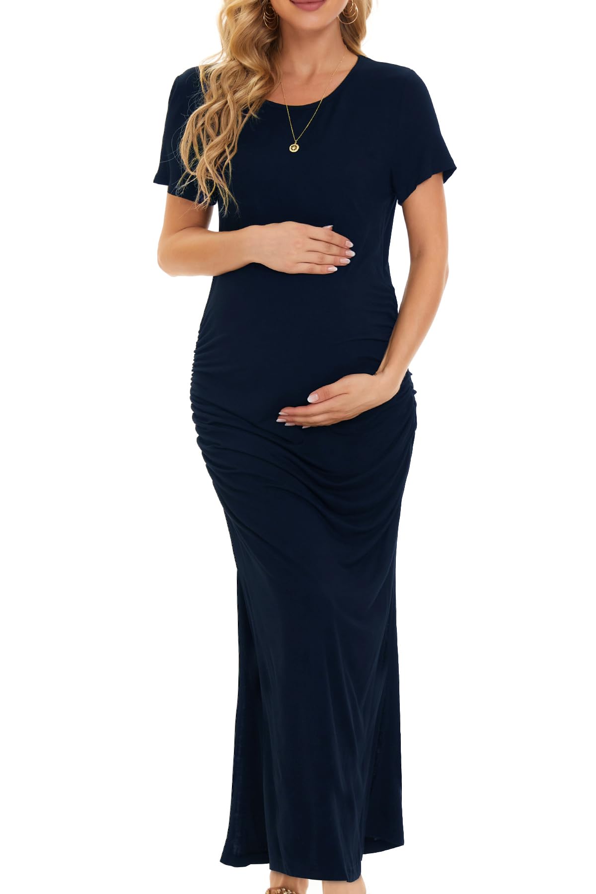 Smallshow Femme Longue Robe Grossesse Fente latérale Robes Maternité Navy S