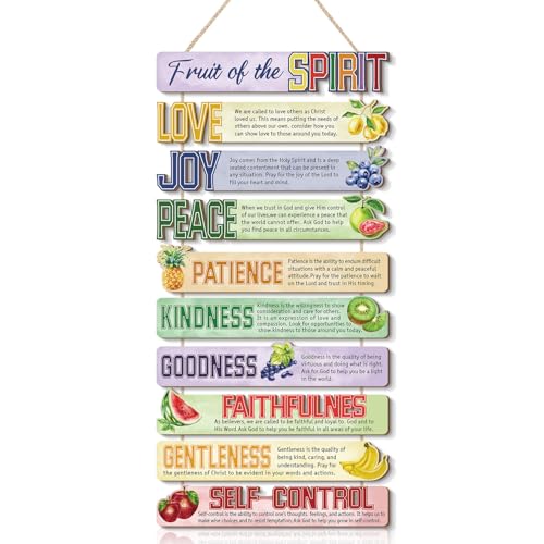 Image of HPNIUB Scripture Fruits Spirit Wall Decor, Bible Verse Funny Kitchen Wooden Sign, Colorful Religious Inspirational Quote Wall Hanging Plaque for Classroom Sunday School Church Dining Room Decoration