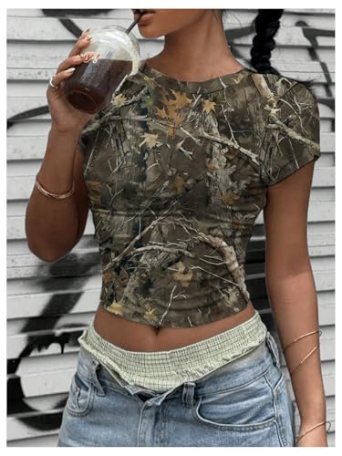 Women's Y2k Camo Print Crop Tee Top Crew Neck Short Sleeve Slim Fit T Shirts 90s Streetwear4