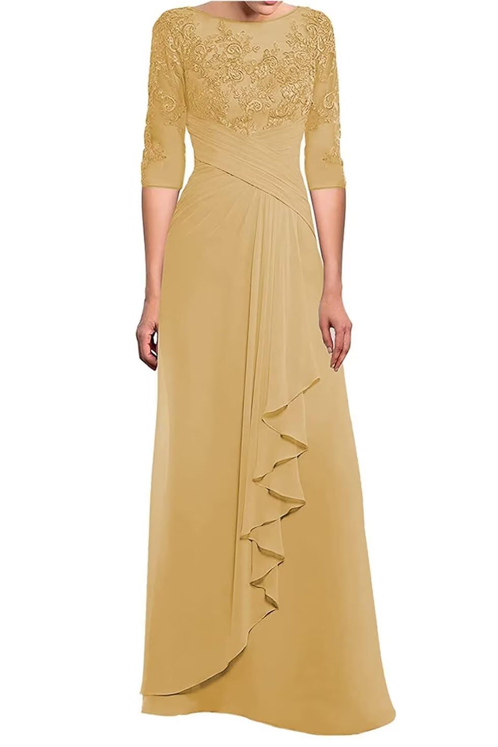 WIEQYO Mother of The Bride Dresses Laces Appliques 3/4 Sleeve Chiffon Ruched Formal Evening Gown for Wedding