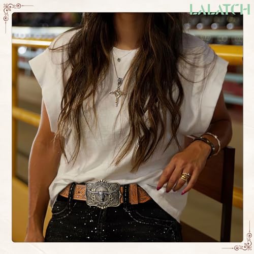 Image of Cowboy Cowgirl Belt Western Belts for Men Women Floral Engraved Longhorn Bull Buckle Belt for Jeans