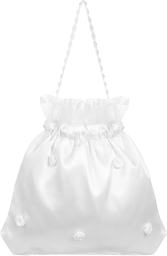 DOITOOL Satin Bridal Wedding Money Bag - White Bridesmaid Satin Flower Decorated Bag Bridal Dolly Pouch Women Handbag for Dance Purse Wedding Favor