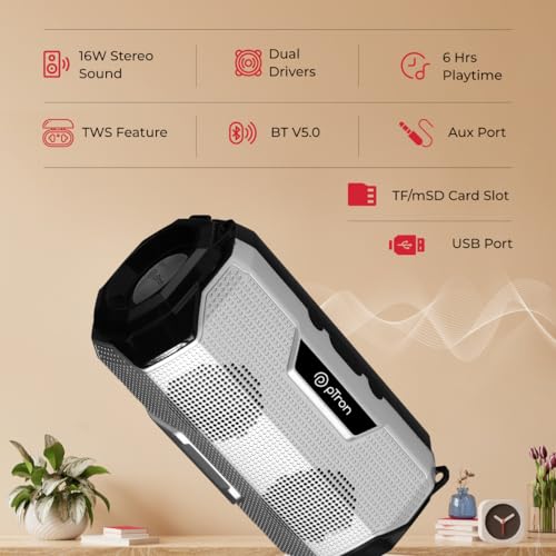 Image of pTron Fusion Rock V2 16W Portable Bluetooth Speaker with Punchy Sound, 6Hrs Playtime, Speaker for Phone /Laptop /Tablets /Projectors, BT5.0 /Aux /TF Card /USB Drive Playback & TWS Function (Silver & Black)