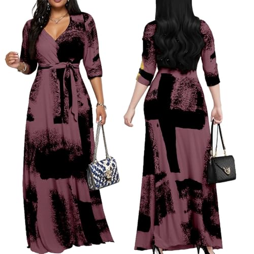Image of Women's Church Maxi Wrap V Neck 3 /4 Sleeve Tie Waist Plus Size Long Dress | Flattering wrap V-neck design enhances curves. High elastic tie waist accentuates the slimmest part, hides tummy.